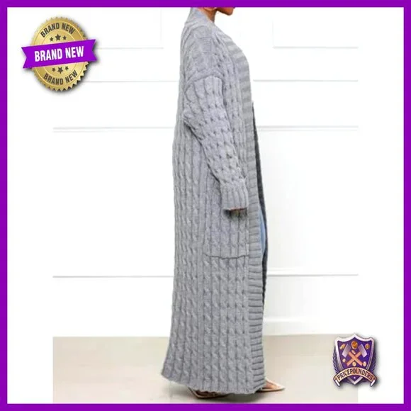 Chunky Cable Knit Cardigan with Pockets, Loose Fit, Ankle Length - Picture 4 of 6